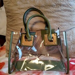 Clear Purse, Leather Olive Green trim, Gold accent